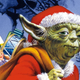 Yoda, dressed in a Santa outfit, carries a bag of toys over his shoulder across a snowy landscape.
